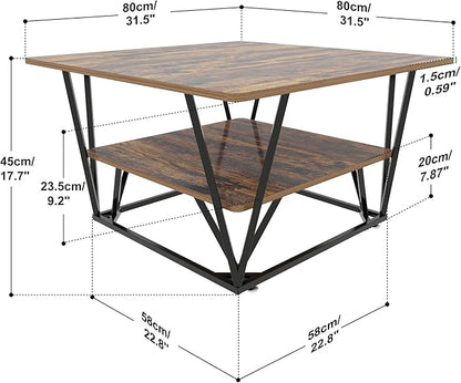 Elephance Square Coffee Table for Living Room, Modern 31.5" Two-Tier Caramel Brown Table with Wooden Top-Almond and Black Frame