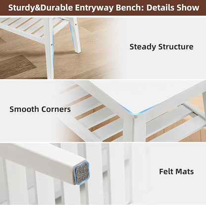 Nnewvante 33.46" Bamboo Dining Bench, 2 Tier Indoor White Storage Bench for Entryway, Outdoor Wooden Bench, Small Wood Benches for Front Porch, Living Room, Bedroom, Holds up to 300 lbs