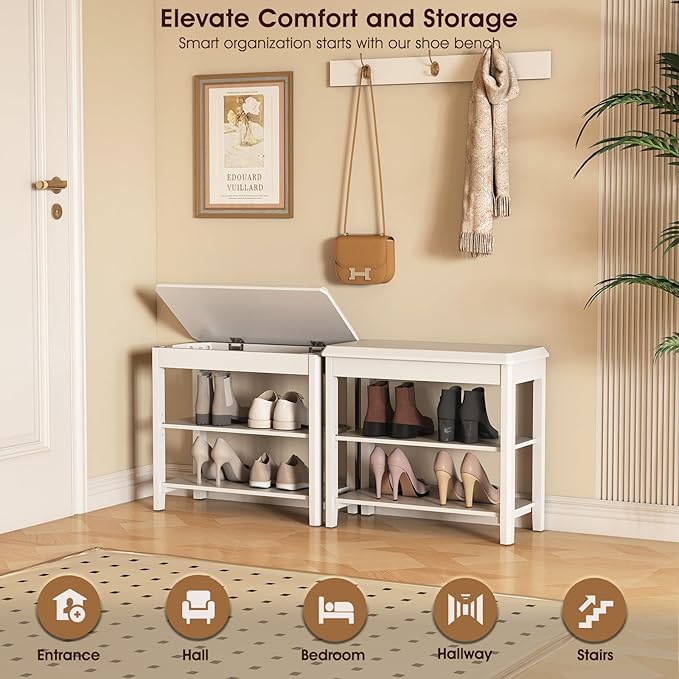 Shoe Rack Bench Seat Rubberwood 2-Tier Wooden Storage Bench 550lbs Compact Mid-Century Modern Design for Entryway, Hallway, Closet, Front Door Entrance, Foyer
