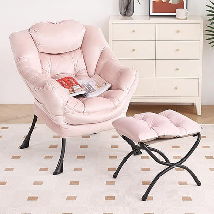 Lazy Chair with Ottoman, Modern Chair with Folding Footrest, Lounge Accent Chair, Comfortable Reading Chair, Oversized Armchairs for Bedroom, Study, Living Room, Courtyard (Pink)