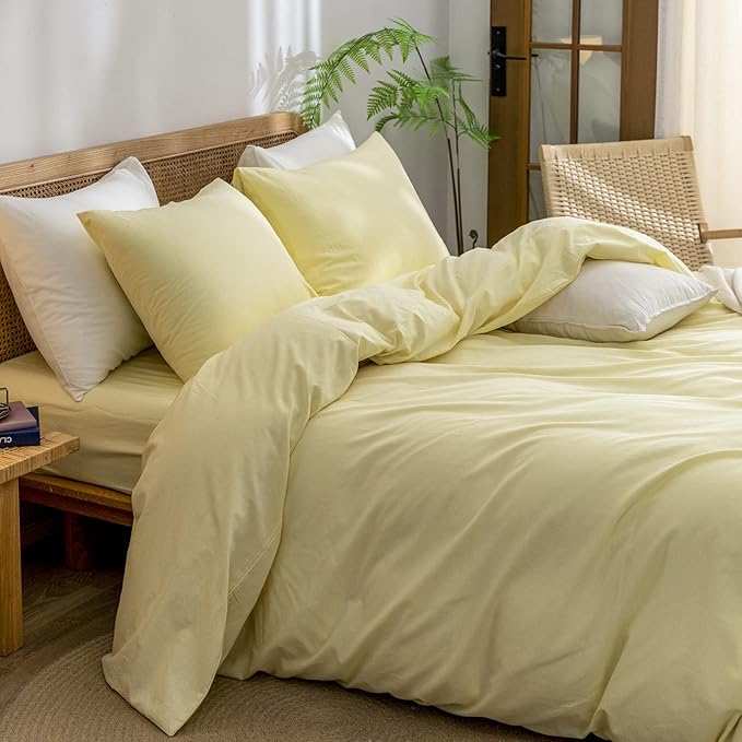 BESTOUCH Duvet Cover Set 100% Washed Cotton Linen Feel Super Soft Comfortable Chic Lightweight 3 PCs Home Bedding Set Solid Light Yellow Full/Double