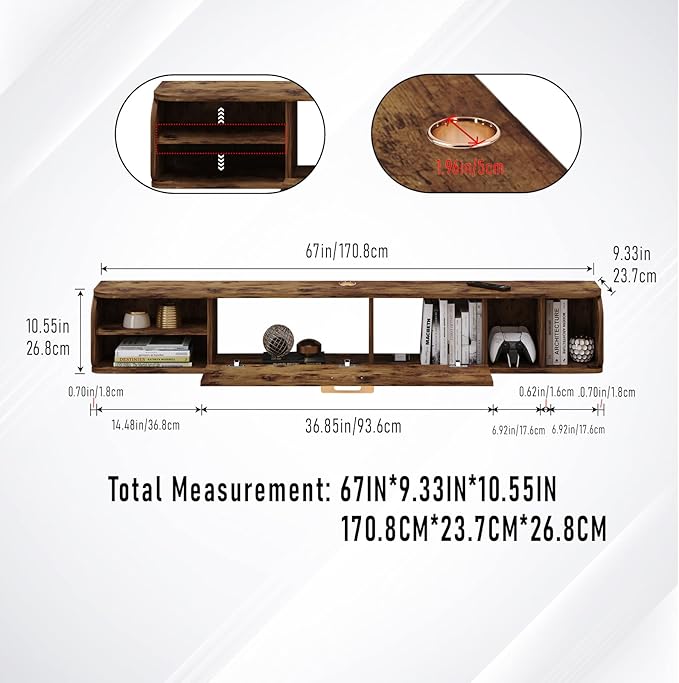 Floating TV Unit, 67'' Wall Mounted TV Cabinet, Floating Shelves with 4 Cabinets, Wooden Entertainment Media Console Center Large Storage TV Bench for Living Room & Office (Rustic Brown)