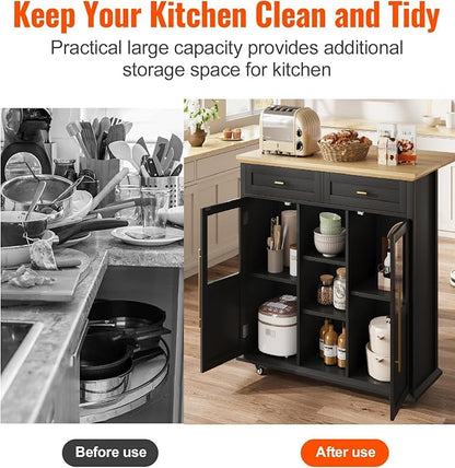 Mobile Modern Storage Island,Rolling Kitchen Island with Drop Leaf - Door Cabinet, Drawer, Bar Cart with Cabinet, Portable Cart Island Table for Kitchen, Black