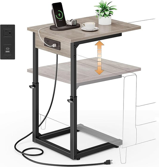Vagusicc C Shaped End Table with Charging Station, 33" Tall Side Table for Couch, C Table Adjustable Height Small Couch Side Table, Slide Under Sofa Table TV Tray Table for Living Room, Bedroom, Grey