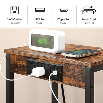 HOOBRO Tall End Table with Charging Station, 30 Inch Tall Nightstand, 3-Tier Side Table with Storage Shelves, for Living Room, Bedroom, Hallway, Rustic Brown BF09UDH01G1