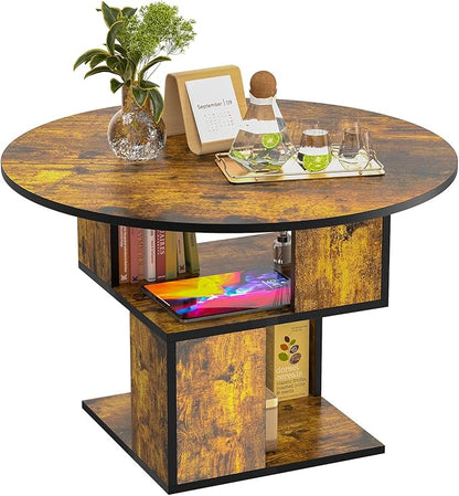 Elephance Round Coffee Table with Storage,3-Tier Coffee Table for Living Room,Wooden Tabletop-Caramel Brown with Black Frame