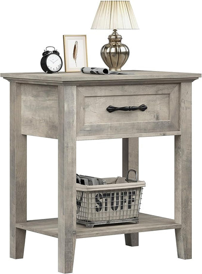 IDEALHOUSE Grey Nightstand, End Table with Drawer, Side Table for Spaces, 2 Tiers Storage Shelves with Dresser, Bedside Table for Living Room, Bedroom, Dorm (Grey)