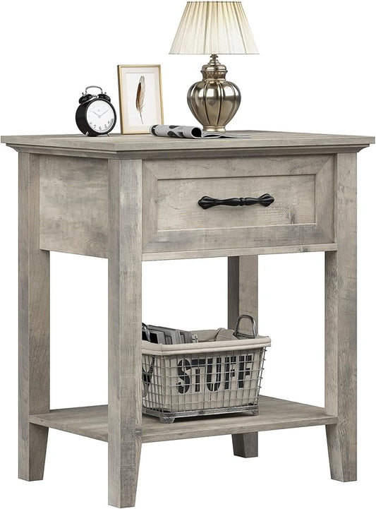 IDEALHOUSE Grey Nightstand, End Table with Drawer, Side Table for Spaces, 2 Tiers Storage Shelves with Dresser, Bedside Table for Living Room, Bedroom, Dorm (Grey)