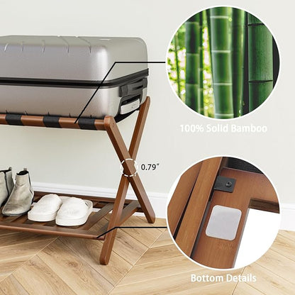 Fully Assembled Walnut Bamboo Luggage Rack with Shoe Shelf, Folding Suitcase Stand with 5 Heavy-Duty Straps, Large Wooden Luggage Holders for Guest Room, Ideal for Bedroom, Hotel