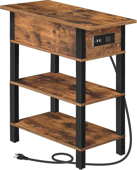 HOOBRO End Table with Charging Station, Flip Top Side Table with USB Ports, Narrow Nightstand Bedside Tables with Storage Shelves, for Small Space, Living Room, Rustic Brown and Black BF141UBZ01