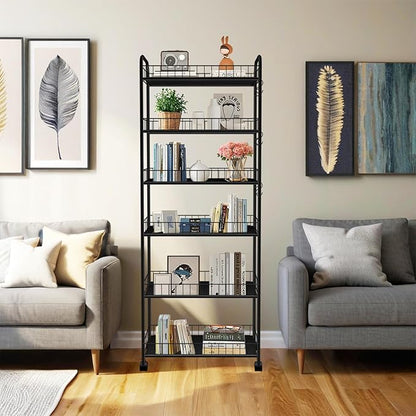 6-Tier Slim Storage Cart with Wheels,10in Wide Black Narrow Rolling Shelf,Sturdy Slim Storage Ideal for Kitchen, Bathroom, and Laundry Room