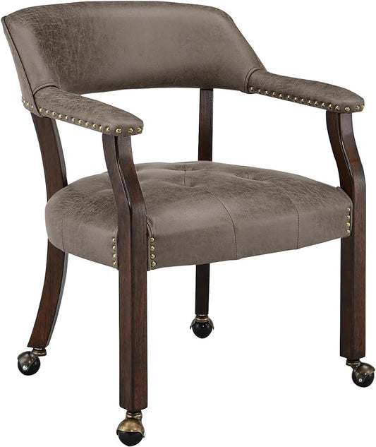 LEEMTORIG Large Dining Chairs with Casters and Arms, Rolling Dining Chairs with Wheels, Boss Caption's Chairs, 26" D x 25.2" W x 31.5" H, Espresso Legs & Dark Brown Fabric SY-318-DK