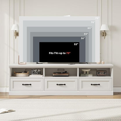 GarveeHome TV Stand for 65/70/75 Inch TV, Entertainment Center with Storage Drawer, Mid-Century Modern TV Console with Open Shelves, 70in Media TV Cabinet for Living Room, Bedroom, Antique White