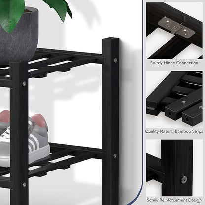 Haddockway Long 2 Tier Bamboo Shoe Rack Storage Organizer, Multifunctional Free Standing Stackable Shoe Shelf with Grid Panel for Closet,Hallway,Entryway,Small Space 34.2"x11"x13"(Black, 2-Tier(Long))