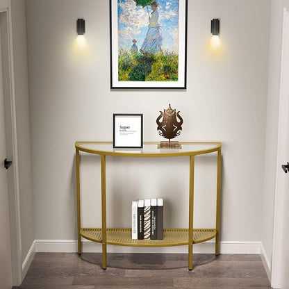 SAYGOER Glass Half Moon Console Table 2 Tier Narrow Entryway Table with Gold Metal Frames, Modern Couch Table Small Entry Way Tables, Easy Assembly, Clear Glass Gold Frames