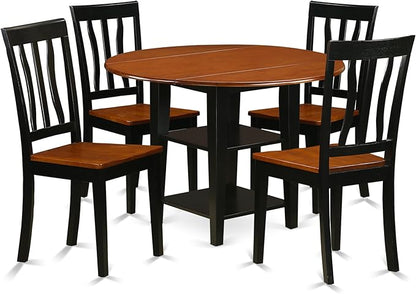 East West Furniture SUAN5-BCH-W 5 Piece Dining Set Includes a Round Dining Room Table with Dropleaf & Shelves and 4 Wood Seat Chairs, 42x42 Inch, Black & Cherry