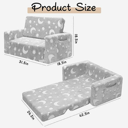 SLIGUY Kids Chair, Toddler Couch, Fold Out Sofa Chair, Toddlers Convertible Sofa to Lounger Pull Out Couch, Glow in The Dark Sofa Chair for Boys and Girls Large (Grey)