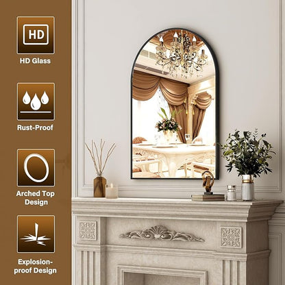 26"x38" Arched Wall Mirror for Bathroom, Black Vanity Mirror for Bedroom, Living Room, Entryway, Decorative Hanging Mirror for Wall