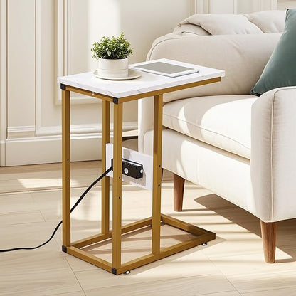 VECELO C Shaped End Side Table with Charging Station & Power Outlets for Couch Sofa/Bed Snack TV Tray with Metal Frame for Living Room Bedroom 2 Set, Gold