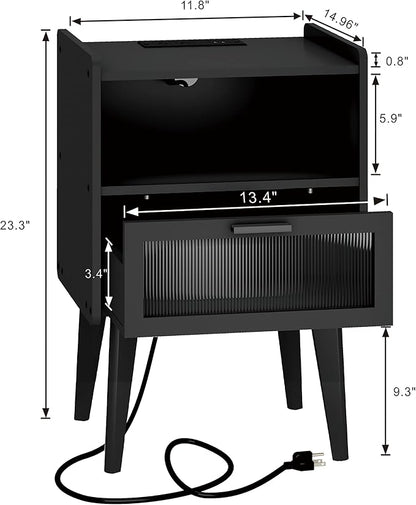 Nightstand with Charging Station, Bedside Tables Set of 2, End Table Side Table with 2 Tiers Storage Space, for Bedroom, Living Room, Black MLBZ07BEV-2