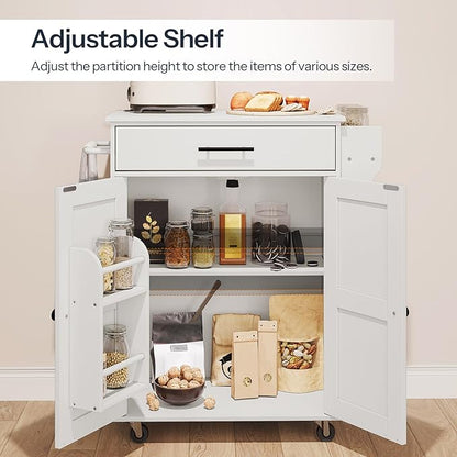 HOOBRO Kitchen Island with Power Outlet, Kitchen Storage Island with Large Worktop, Spice Rack and Drawer, Rolling Kitchen Island Cart on Wheels, for Kitchen and Dining Room, White WT88UZD01