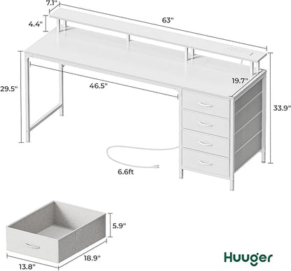 Huuger 63 Inch Computer Desk with Power Outlets and LED Lights, Gaming Desk with 4 Drawers, Office Desk with Monitor Stand, Study Work Desk for Home Office, White