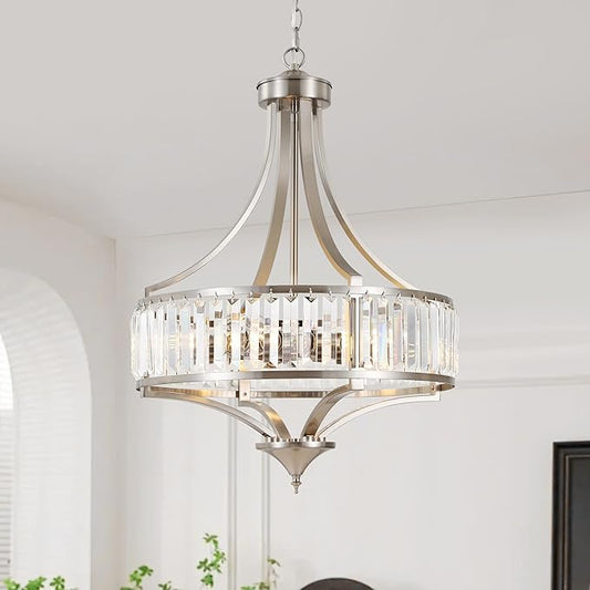 20" Brushed Nickel Chandeliers for Dining Room, 5-Light Modern Crystal Chandelier for Entryway, Hanging Round Light Fixture for Kitchen Island Living Room Bedroom Office Bathroom Staircase