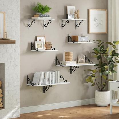 DINZI LVJ Deep Floating Shelves, 16" W x 12" D Wall Shelves Set of 2, Wide Display Shelf Wall Mounted with Brackets, Easy-to-Install Wall Bookshelf for Living Room, Bathroom, Bedroom, White