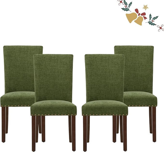 Parsons Dining Chairs Set of 4, Upholstered Nailhead Dining Room Kitchen Side Chair with Thick Cushions and Wood Legs, Green