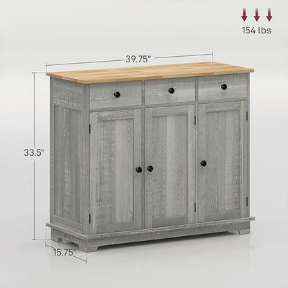 HOMCOM Sideboard with Solid Wood Countertop, Modern Kitchen Storage Cabinet, Coffee Bar Cabinet with 3 Drawers, Doors and Adjustable Shelf, Distressed Light Gray
