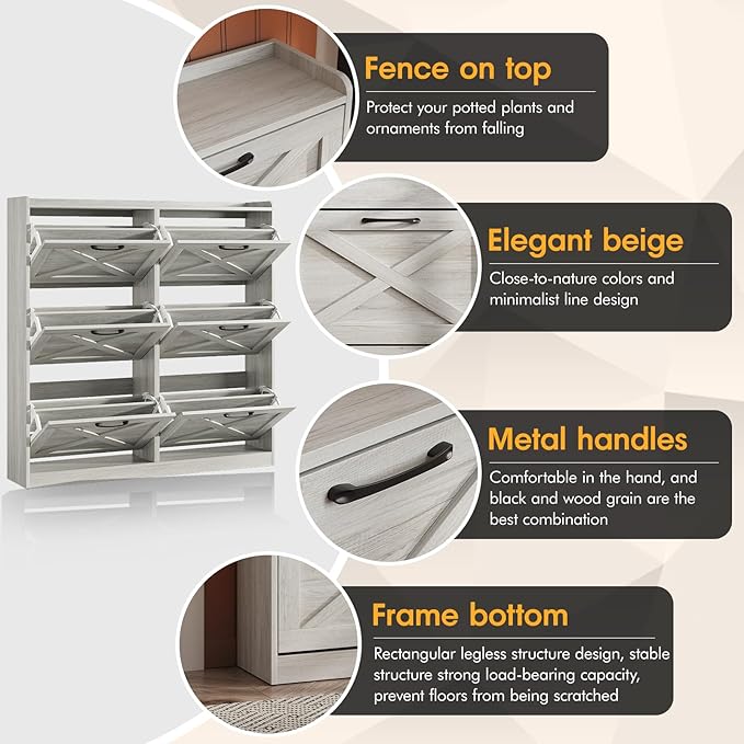 Maupvit Large Shoe Storage Cabinet with 6 Flip Drawers, Freestanding Shoe Organizer with Metal Handles for Entryway, Narrow Shoe Rack Cabinet, Beige