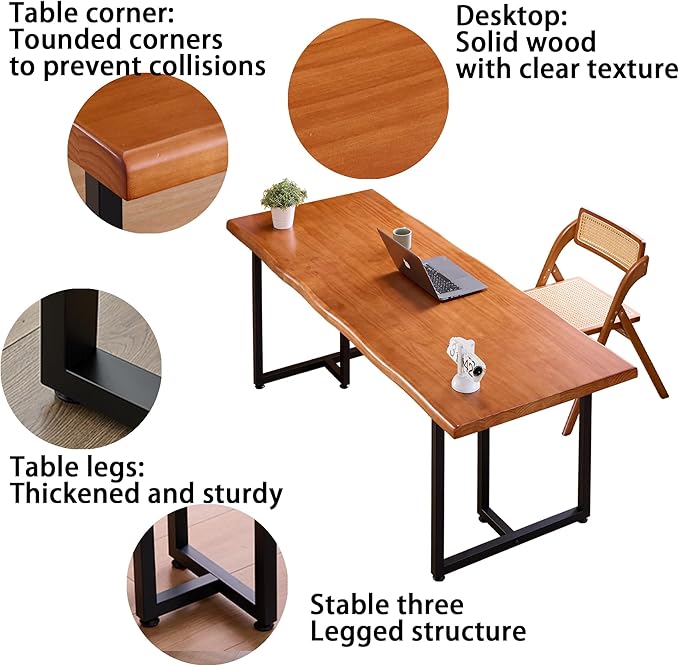 Solid Wood Administrative Desk, Dining Table with Durable Metal Legs, Uniquely Designed Leisure Table, Perfect for Restaurants and Home Offices, (Wood Brown, 62.99in)