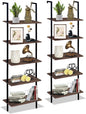 5 Tiers Ladder Shelf 2-Piece Black Modern Tall Bookshelf Open Large Tall Wall Mount Storage Bookcase Standing Leaning Wall Shelves Industrial Decorative (Brown)