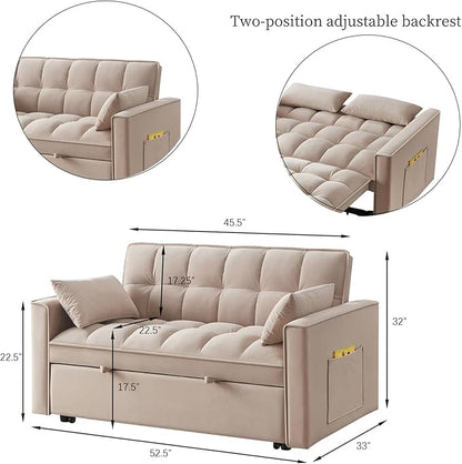 KEIKI Velvet Loveseat Convertible Sofa Bed Sleeper Chair with Adjustable Backrest, Pillows & Storage Pockets, 3 in 1 Pull-Out Couch Chaise Lounge Recliner for Living Room Balcony Bedroom, Taupe