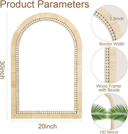 ULIKE Rattan Mirror for Bathroom, 20x30 Inch Arch Rustic Farmhouse Wall Decor with Handmade Wicker Frame, Boho Mirror for Nursery Bedroom Living Room Entryway