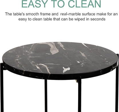 Real Natural Marble Top Metal Round Side End Table, Modern Lightweiht Bedside Small Coffee Table for Living Room Bedroom Small Space Black…