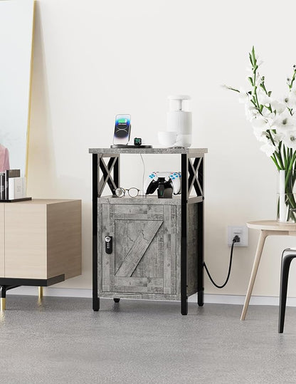 Wooden Nightstand with Lock, Bed Side Table with Drawers, Bedside Table with Charging Station, 3 USB & 2 Outlets, Night Stand with Storage, End Tables for Living Room, Bedroom (Ash Gray)