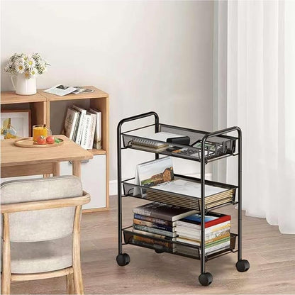 3 Tier Rolling Cart, Mesh Wire Utility Carts, Metal Storage Shelf with Wheels & 4 Side Hooks, for Laundry Room Organization, Kitchen, Living Room, Bathroom, Pantry, Dorm & Under Desk Storage