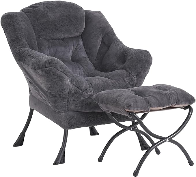 LITA Lazy Chair with Ottoman, Modern Accent Leisure Upholstered Sofa Chair, Lounge Reading Chair with Armrests and a Side Pocket for Living Room, Bedroom & Small Space, Plush Navy