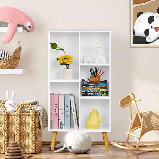 YAHARBO Small White Bookshelf,3 Tier Modern Kids Bookcase with Legs,5 Cube Wooden Bookshelves Storage Shelf,Book Shelves Organizer,Display Bookcases Cabinet for Room Nursery Study