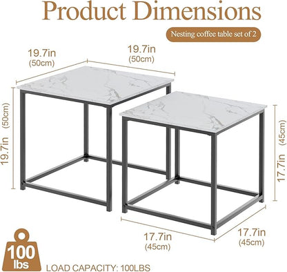 Garden 4 you Coffee Table Set of 2, Modern Faux Marble Nesting Table, Metal Frame Square Center Table Set, Side Tables, Nesting Coffee Table for Living Room, Bedroom and Small Spaces, 19.7in Black