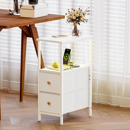 Fixwal Narrow Side Table with Charging Station and LED Light, Skinny Nightstand with 2 Fabric Drawers, Slim End Table for Bedroom, Dorm, Small Space, White