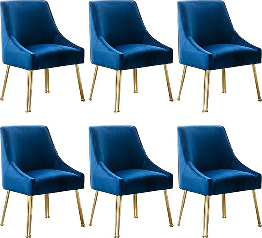 Modern Velvet Dining Chairs Set of 6, Contemporary Upholstered Furniture Collection with Polished Gold Metal Legs, Elegant Accent Chairs for Kitchen Living Room(Blue)