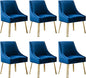 Modern Velvet Dining Chairs Set of 6, Contemporary Upholstered Furniture Collection with Polished Gold Metal Legs, Elegant Accent Chairs for Kitchen Living Room(Blue)