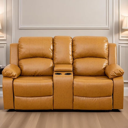 Loveseat Recliner Sofa, Reclining Loveseat Leather Couch with Storage Console, Modern Comfy Home Theater Seating Power Recliner Chair with Cup Holders for Living Room Furniture Sets, Orange