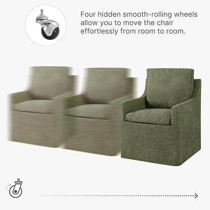 Upholstered Dining Chairs with Casters Easy Assembly Side Deskchair with Rollers for Diningroom Living Room, Green, 1 Box