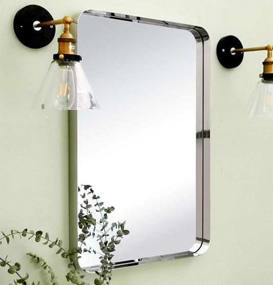 TEHOME 20x30 inch Chrome Metal Framed Bathroom Mirror for Wall in Stainless Steel Chrome Rounded Rectangular Bathroom Vanity Mirrors Wall Mounted…