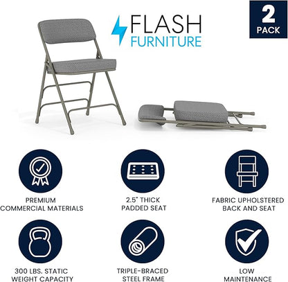 Flash Furniture Hercules Series Metal Folding Chairs with Cushioned Seats, Fabric Upholstered Event Chairs, Set of 2, Gray