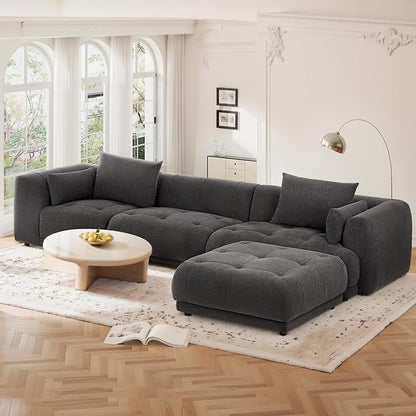 COLAMY 144" Modular Sectional Chenille Couch with Ottoman, Cloud Sectional Sofa Set with Ottoman,for Living Room(Gray)