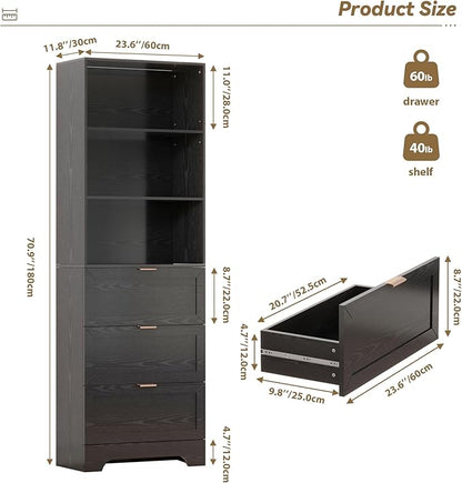 Modern Black Bookshelves and Bookcases with Drawers, 6 Tier Tall Bookshelf with Drawers, Industrial Wood Bookcase, Floor Standing Display Case with Storage,Living Room,Office
